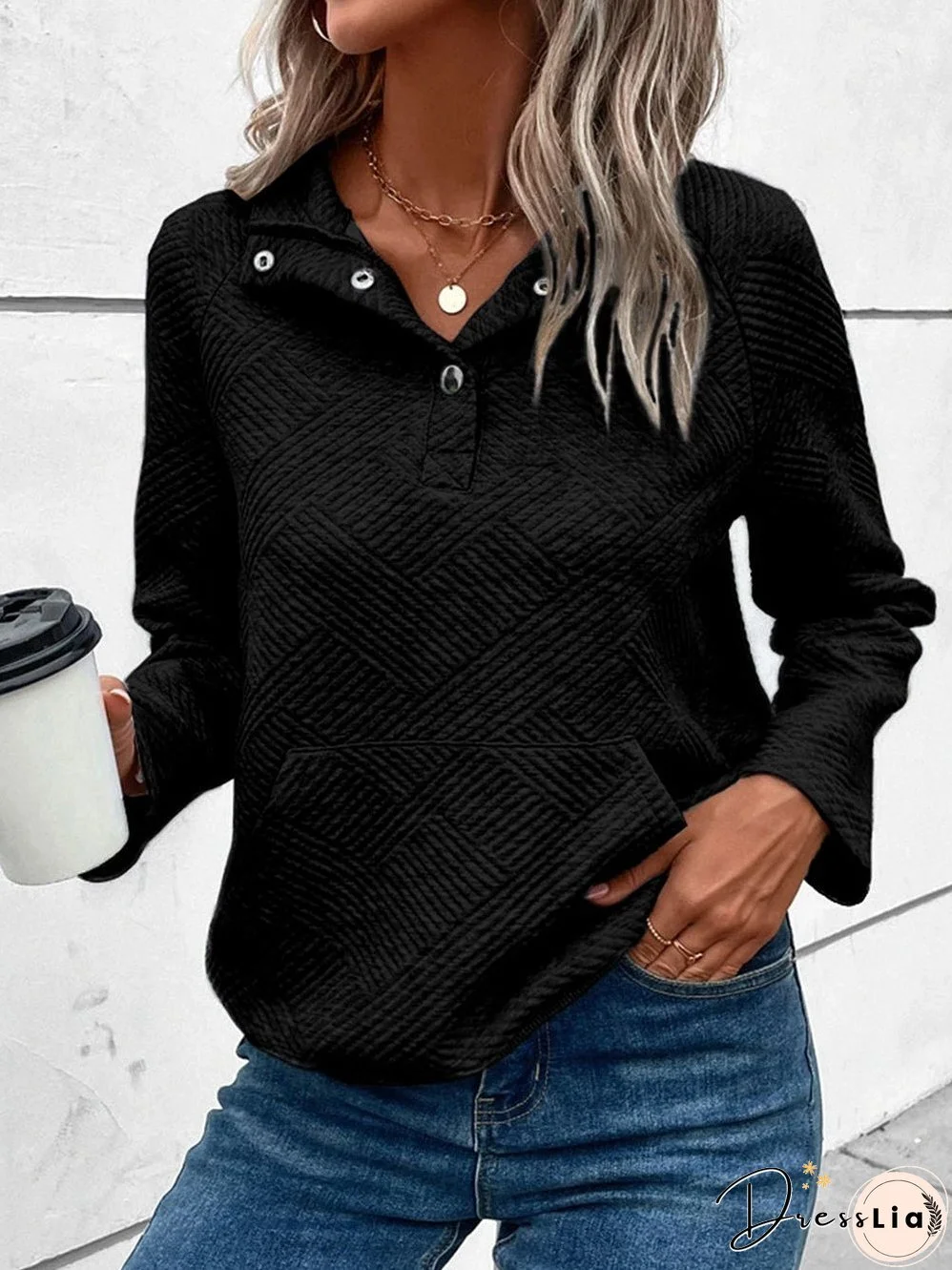 Textured Black Knit Snap-Buttoned Kangaroo Pocket Sweatshirt