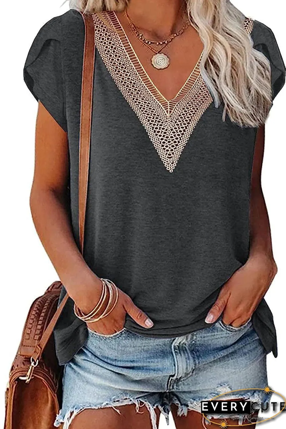 Black Lace Trim V Neck Overlap Short Sleeve Top