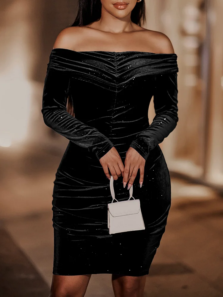 Women's Party Dress Glitter Off-Shoulder Ruched Bodycon Velvet Dress