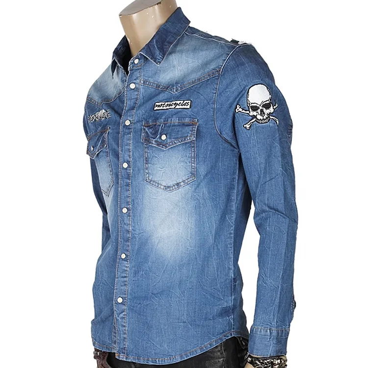 Vintage Embroidered Skeleton Blue Denim Harley Shirt