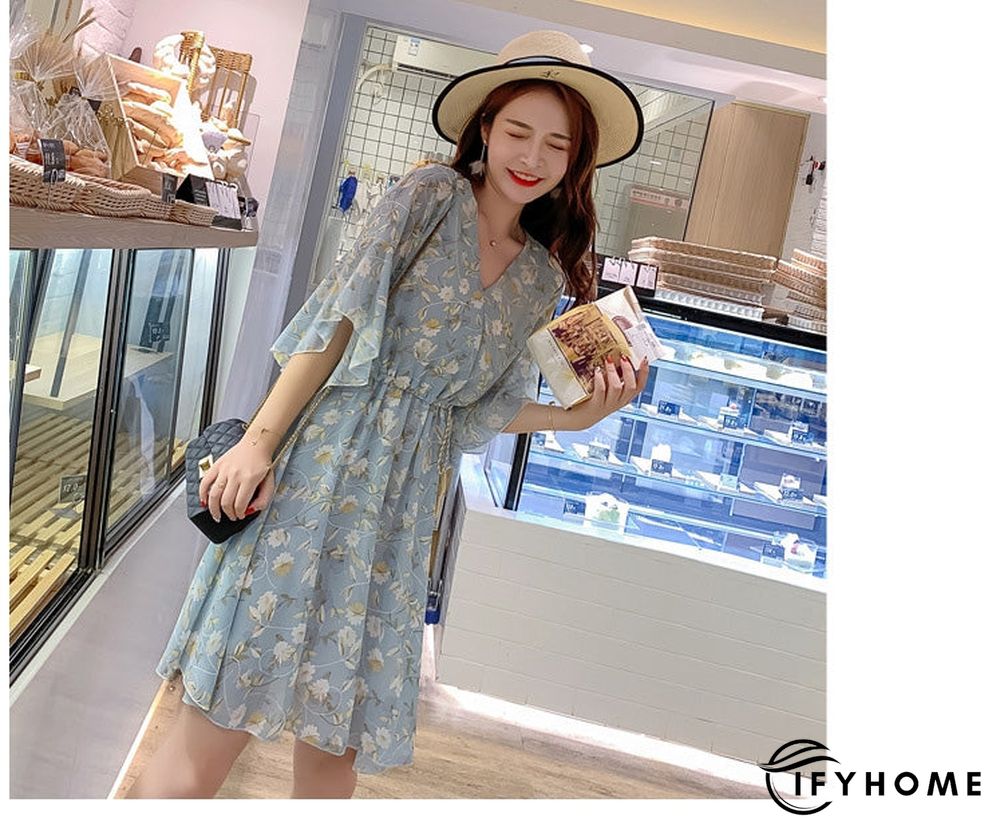 Spring Summer Chiffon Women V-Neck Floral Print Short Dresses Sweet Ruffle Sleeeve Slim Drawstring Ladies Dress | IFYHOME