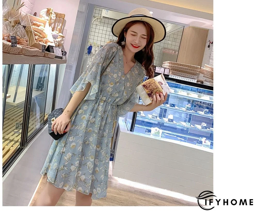 Spring Summer Chiffon Women V-Neck Floral Print Short Dresses Sweet Ruffle Sleeeve Slim Drawstring Ladies Dress | IFYHOME