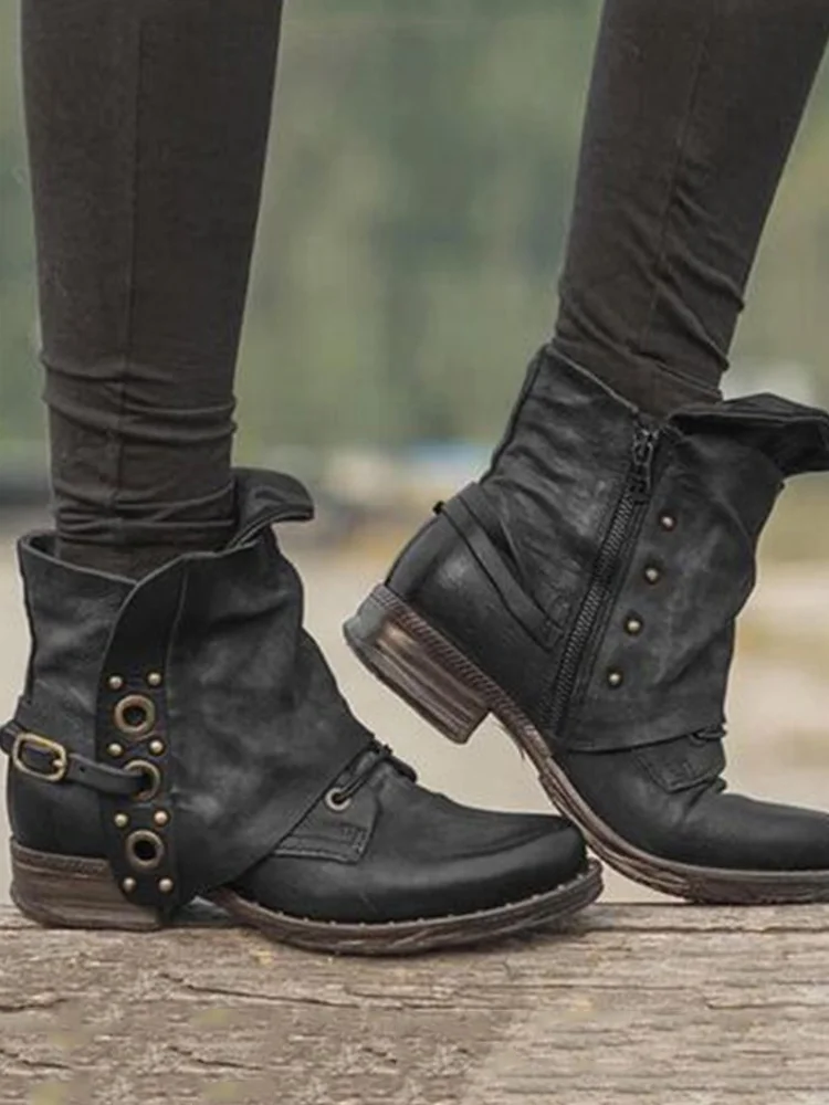 Vintage Studded Patch Buckle Ankle Boots