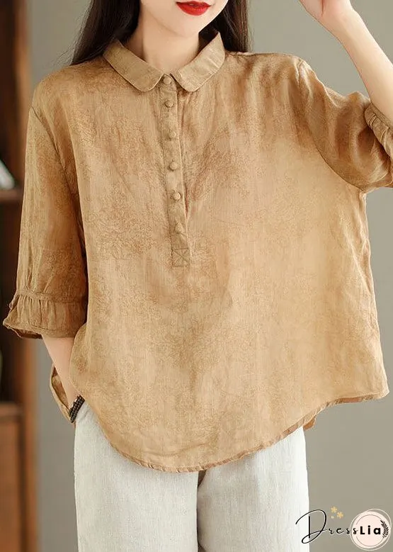 New Khaki Solid Button Print Linen Shirt Summer