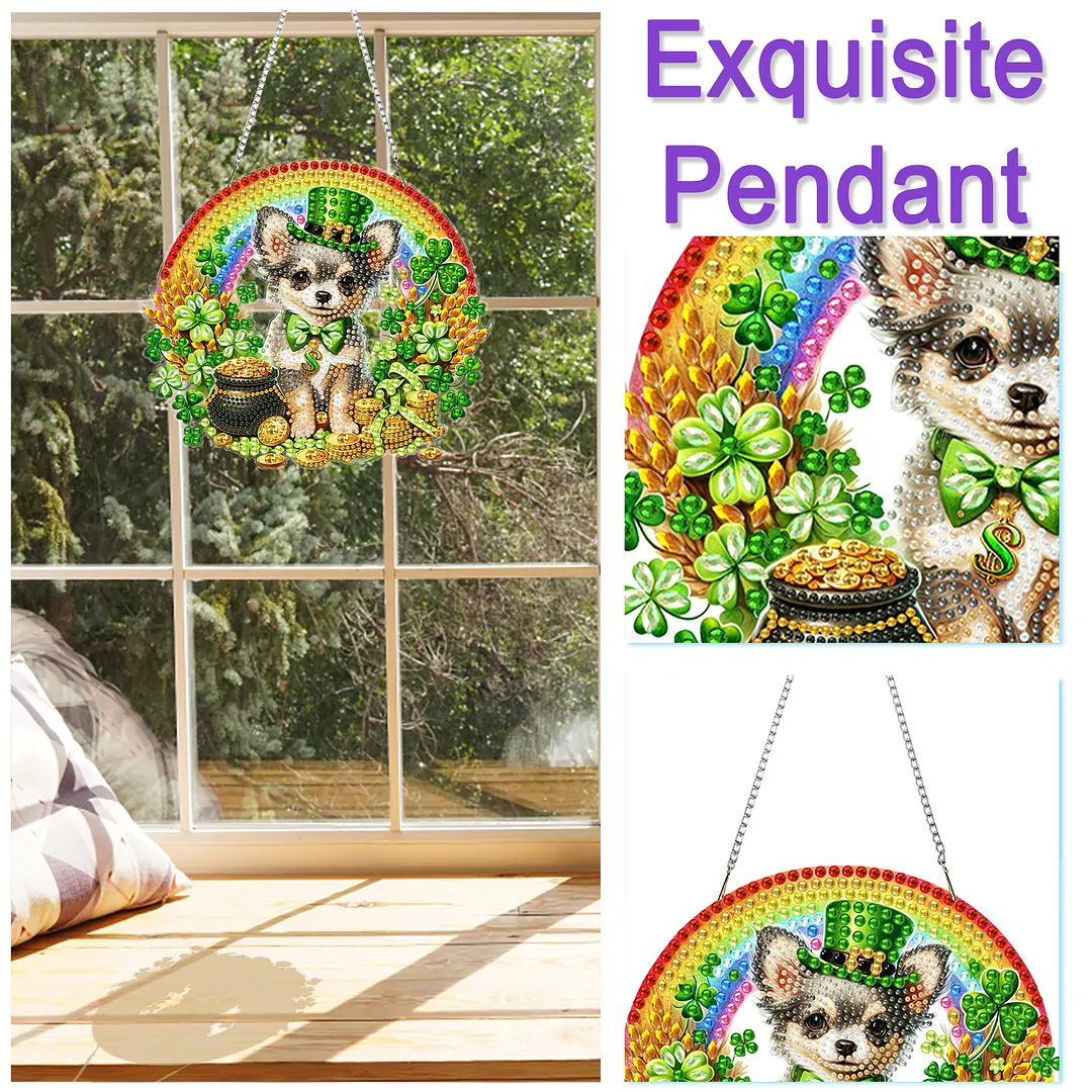 St Patricks Day Dog DIY 2D Flat Acrylic Diamond Painting Kits 5D Diamond Art Painting Window Pendants for Home Garden Wall Decoration