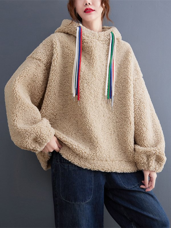 Artistic Retro Loose Drawstring Hooded Long Sleeves Sherpa Sweatshirt Top