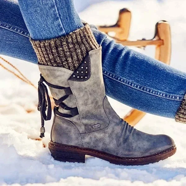 New Fashion Autumn and Winter Women's Boots Thigh High Fur Lined Frosty Warm Anti-Slip Snow Boots Zipper Knitted Sweater Bandage Boots Retro PU leather Chunky Heel Mid-Calf Boots Botas