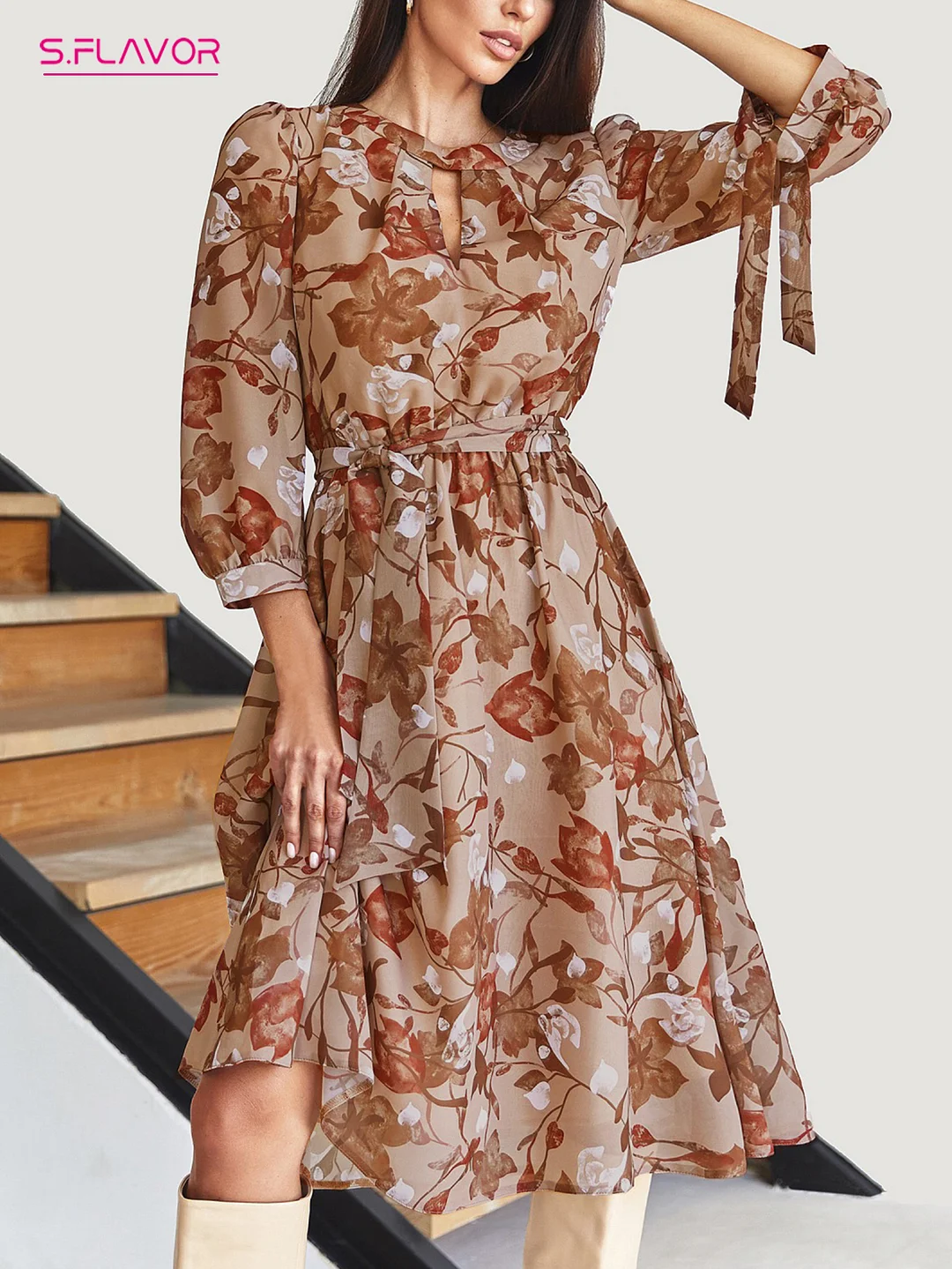 Jangj S.FLAVOR Autumn Women's Printed Casual Chiffon Midi Dresses Vintage O-neck Long Sleeve A-line Classic Sundress