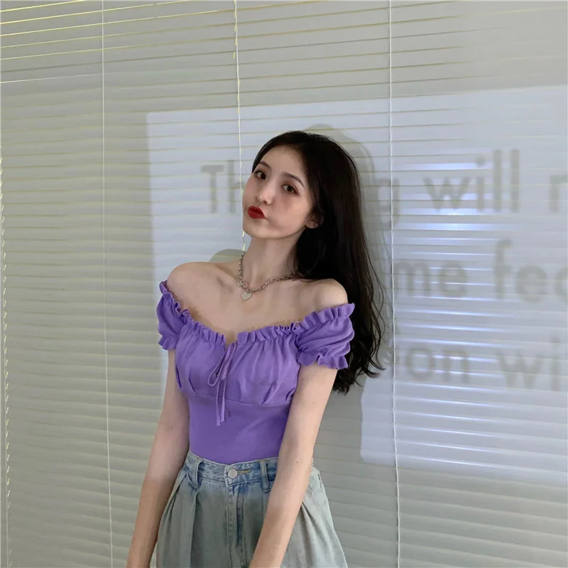 Uveng Uveng Short-Sleeved T-Shirt On The Shoulder Of The Female In Summer New Square Collar Draw Rope Wearing A Short Brooch Jersey