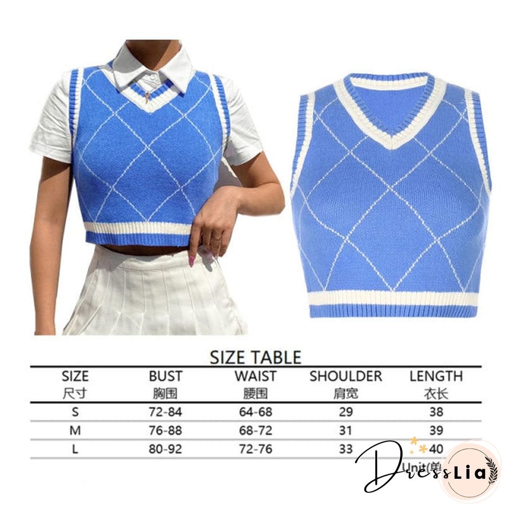 V Neck Vintage Argyle Sweater Vest Women Black Sleeveless Plaid Knitted Crop Sweaters Casual Autumn Preppy Style tops