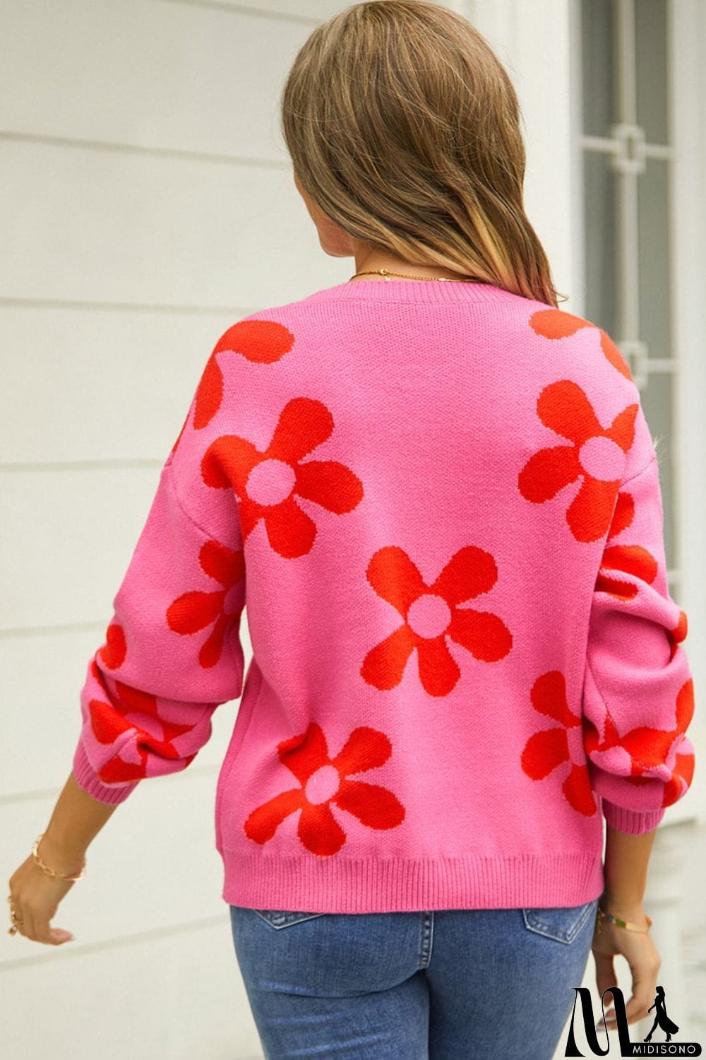 MidiSono - Floral Print Round Neck Dropped Shoulder Pullover Sweater