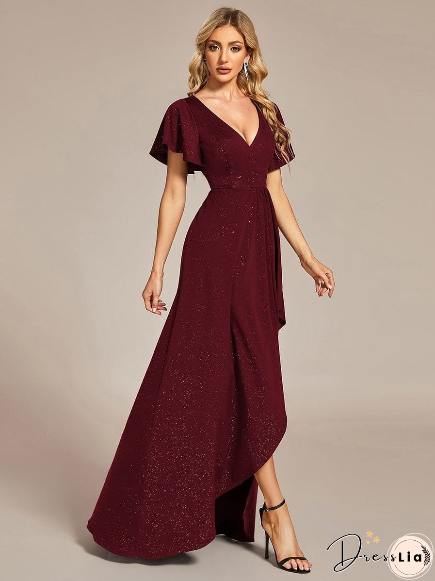 Ruffled Sleeve Tea Length Evening Dress with Side Split
