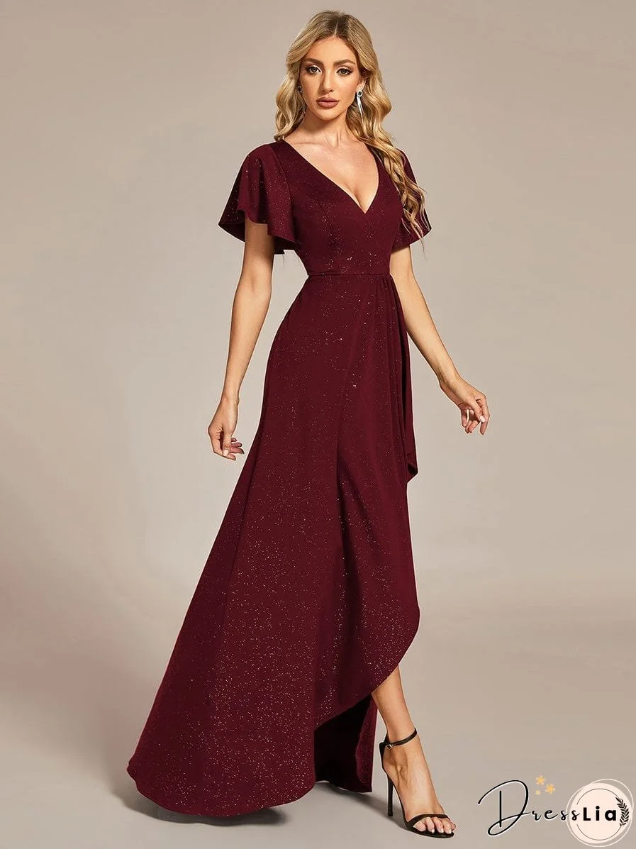Ruffled Sleeve Tea Length Evening Dress with Side Split