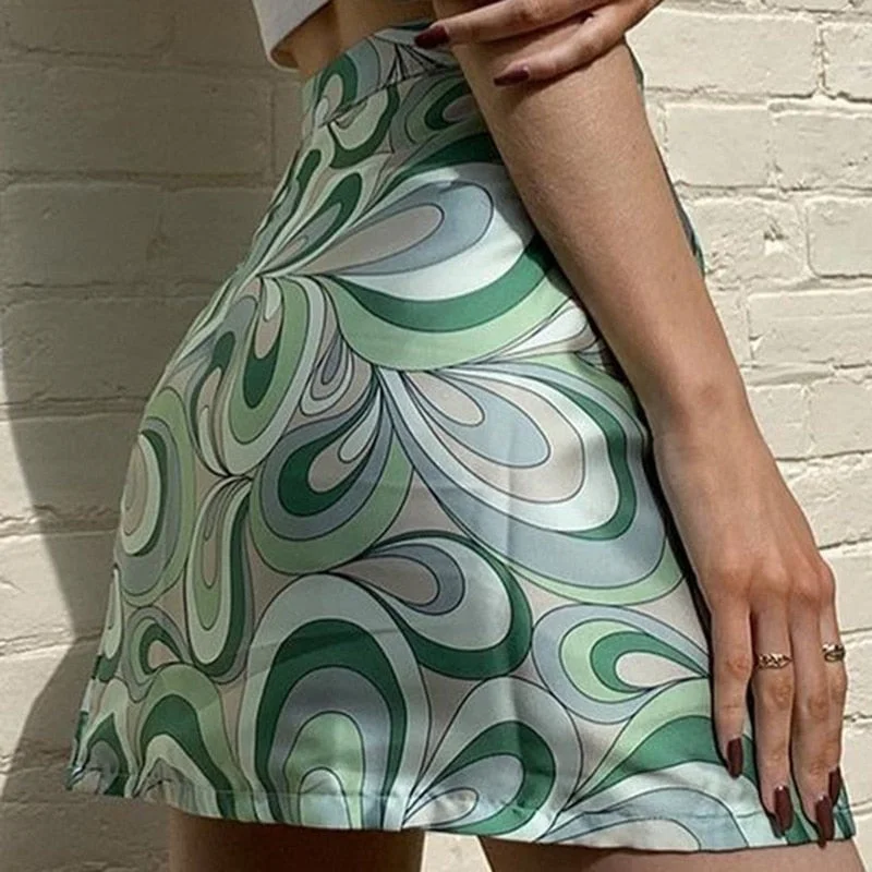 women's vintage Sexy skirt aesthetic floral ripple printed y2k satin High-waisted E-girl Kawaii harajuku mini skirt fairy grunge
