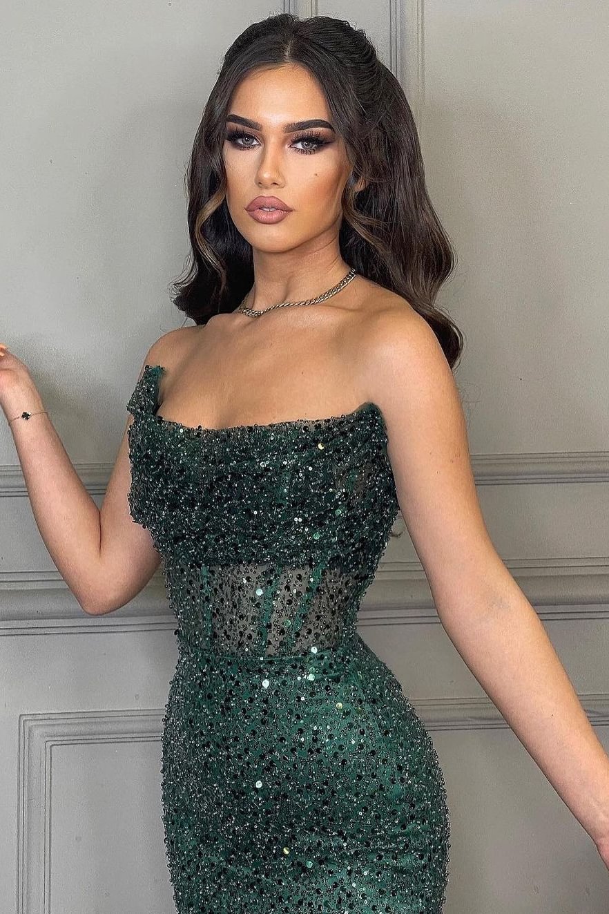 New Arrival Dark Green Strapless Mermaid Evening Gown Long With Sequins  Beadings