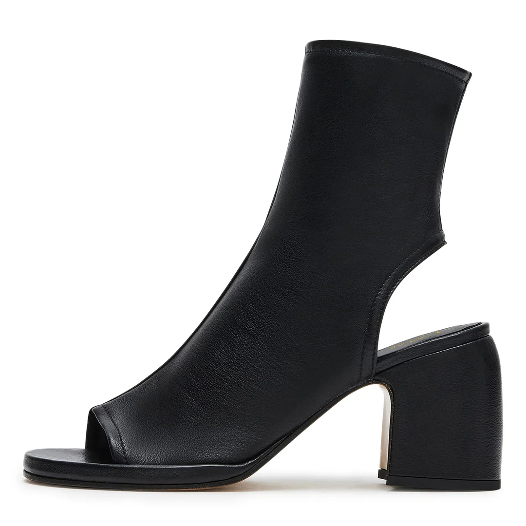 Black Vegan Leather Open Toe Cut-Out Ankle Boots with Side-Zipper