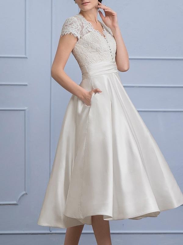 A-Line/Princess V-Neck Tea-Length Satin Wedding Dress With Ruffle Pockets