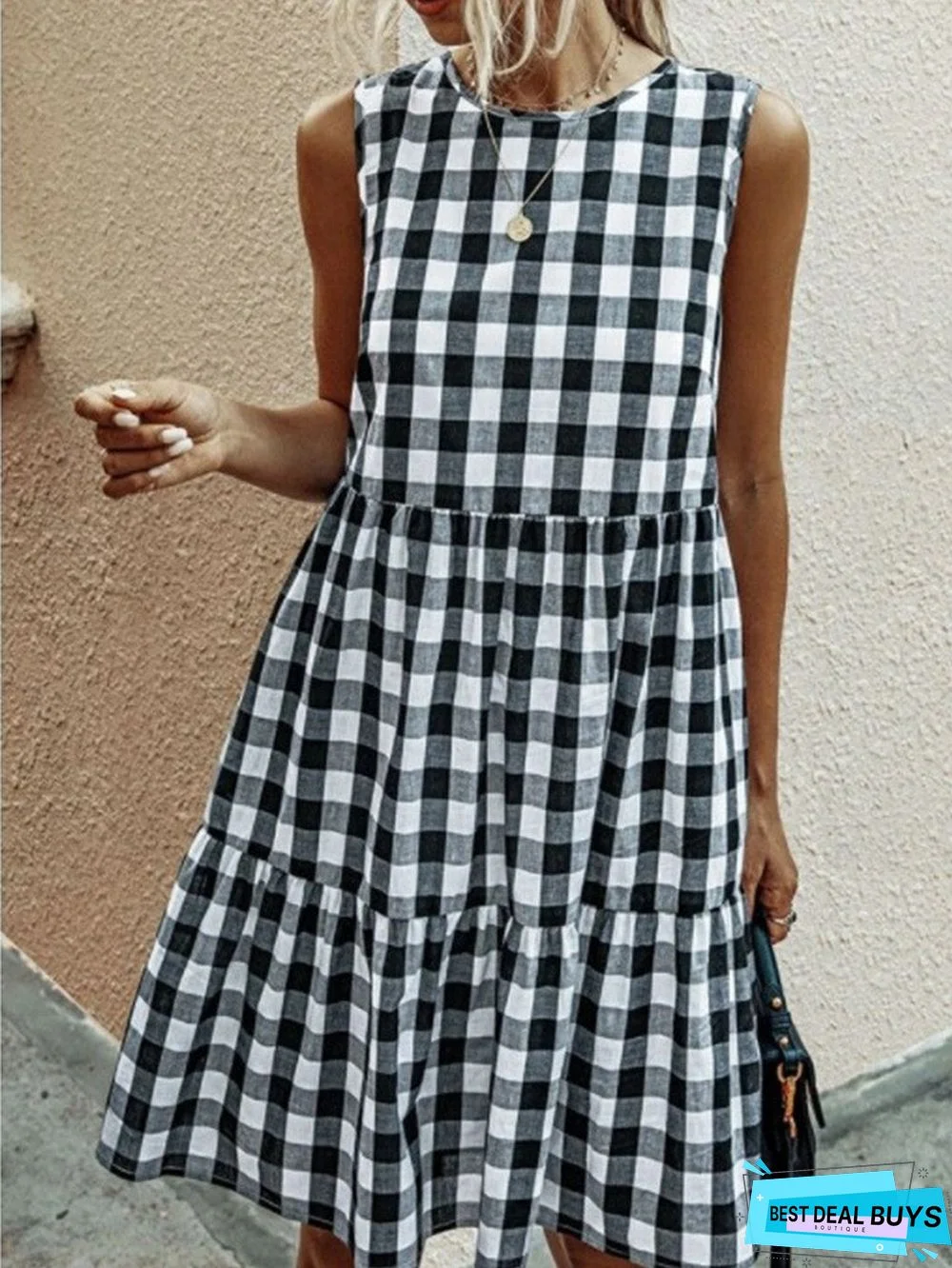 Fashion Round Neck Plaid Loose Female Plaid Dress Cake Skirt
