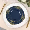 10 Pack | 10" Round Plastic Dinner Plates in Vintage Navy Blue, Gold Leaf Embossed Baroque Disposable Plates