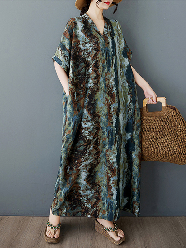 Art Print Short Sleeve V Neck Loose Maxi Dress