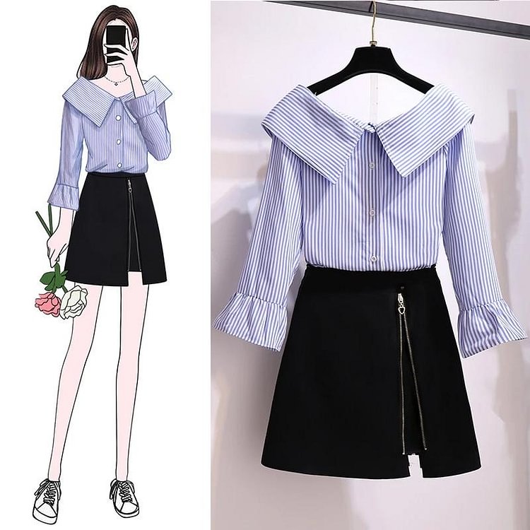 Fashion Stripe Blouse+Zipper Skirt P11726
