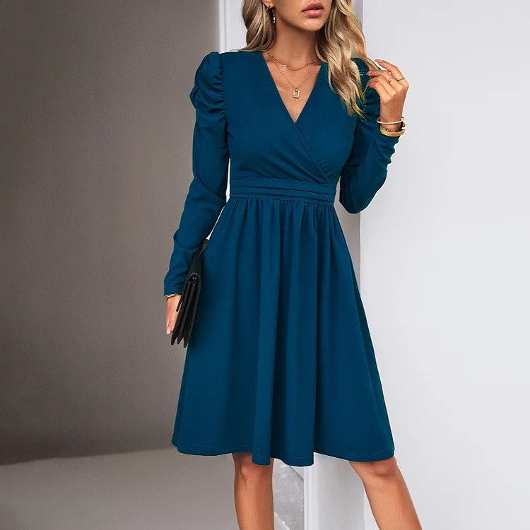Elegant Solid Color Long Sleeve Mini Dress - yankia