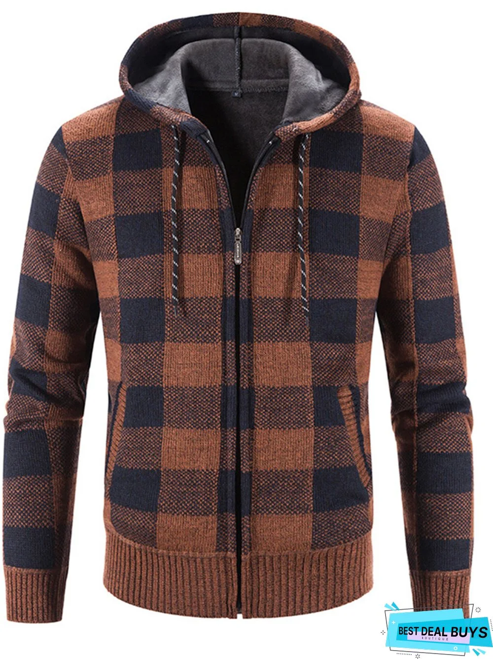 Men's Plaid Color Matching Hooded Loose Long Sleeve Sweater Coat