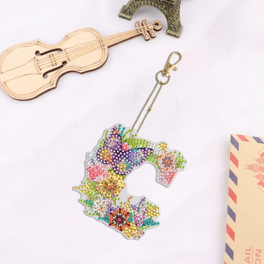DIY C Diamond Art Key Rings Lettter Keychain Supplies Gift for Kids(Double Sided)