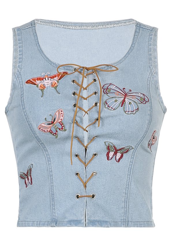 Elegant Butterfly Embroidered Lace Up Sleeveless Crop Top