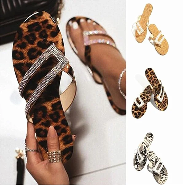 BestDealFriday Plus Size 5-11 Fashion Leopard Print Women Sandals Flip Flops Slipper Bling Bling Summer Shoes Flat Heel Casual Beach Slippers for Women
