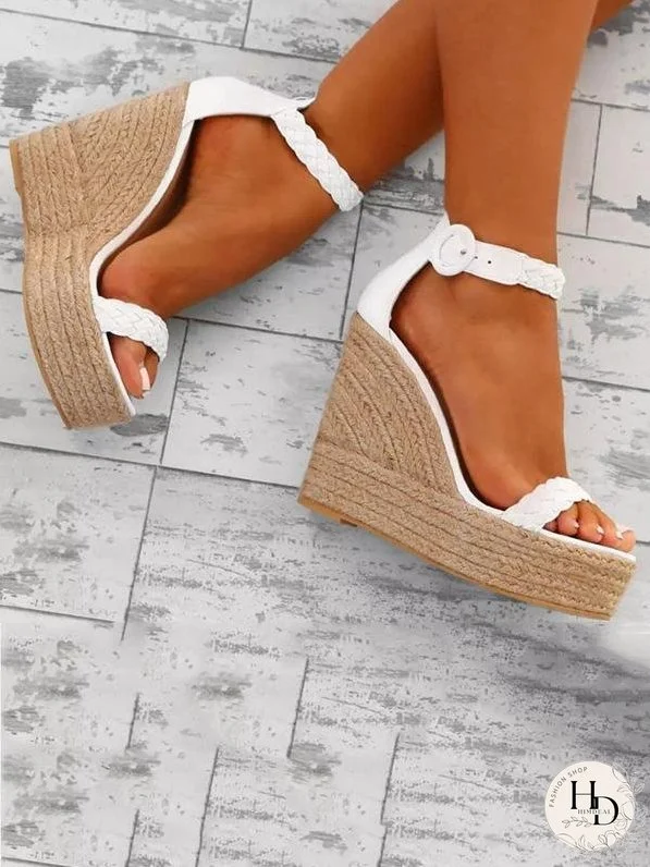 Fashion Wedge High-heel Solid Color Weaving Sandal Shoes