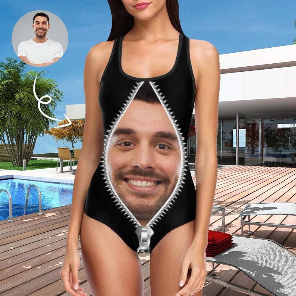Custom Face Swimsuit Bathingsuit Beach Cruise Outfit Personalized Zipper Photo Women's One Piece Bathing Suit Gift For Girlfriend, Wife