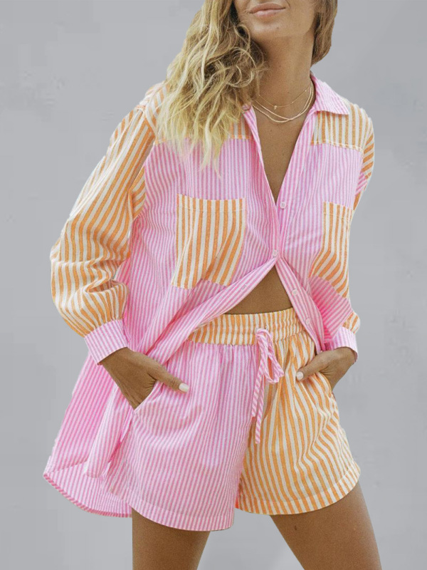 Mature Women Casual Summer Beach Suit Shorts Set Striped Shirt Tops Shorts Set Two-Piece Set