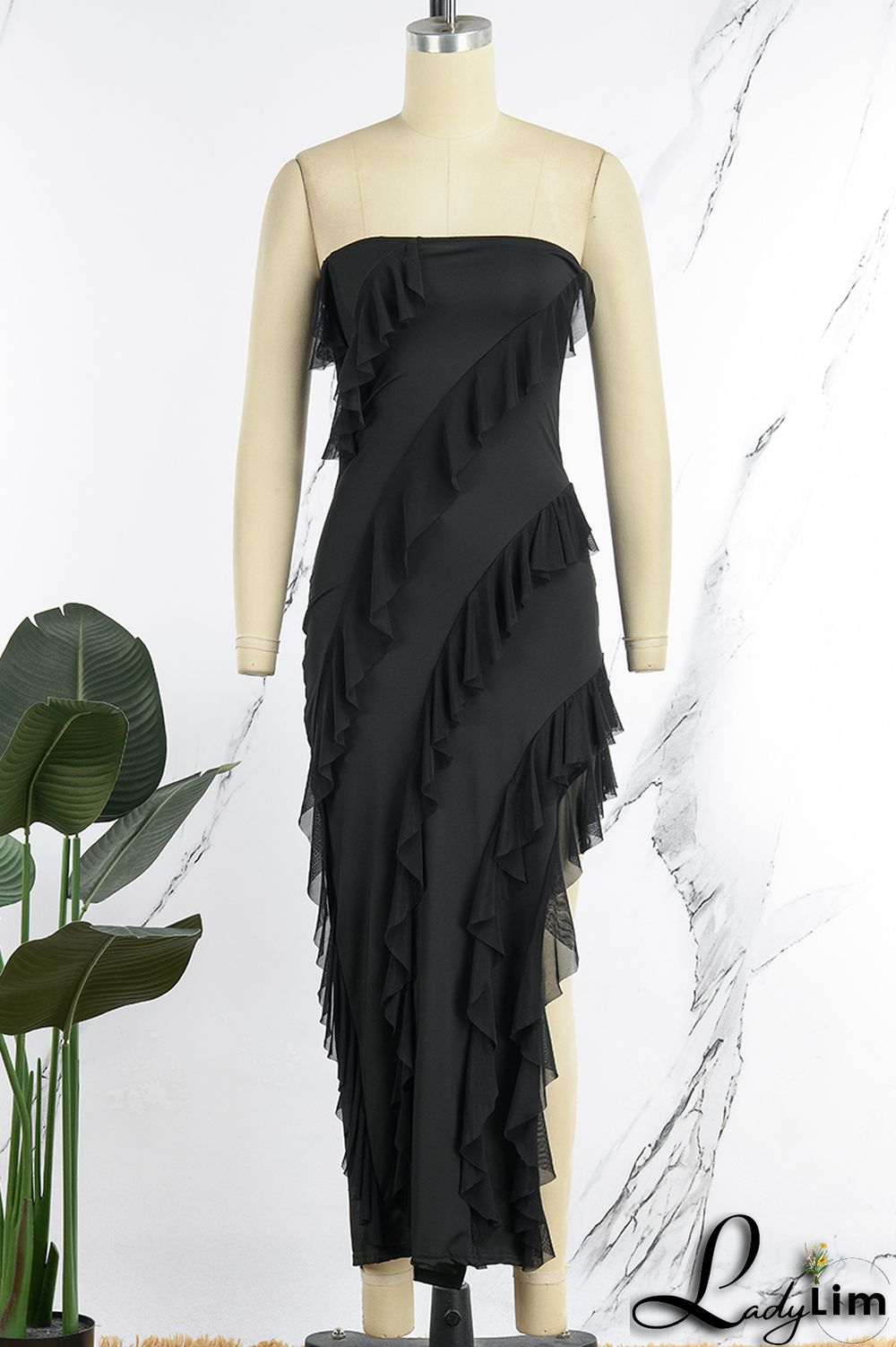 Pink Sexy Solid Patchwork Flounce Slit Asymmetrical Strapless Long Dress Dresses