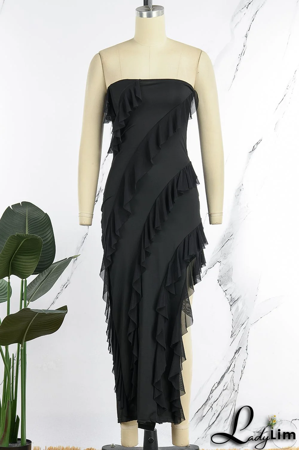 Pink Sexy Solid Patchwork Flounce Slit Asymmetrical Strapless Long Dress Dresses