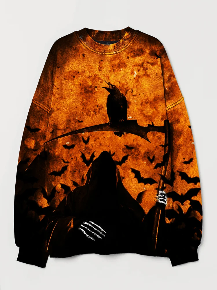 Wearshes Grim Reaper & Raven Art Vintage Halloween Washed Sweatshirt