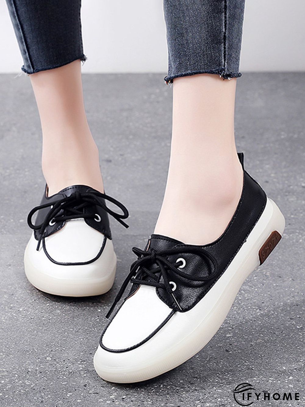 Casual Split Joint Color Block Leather Lace Up Flat Shoes | IFYHOME