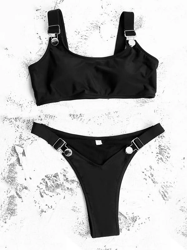 Sexy Buckle Embellished Split Bikini Swimsuit