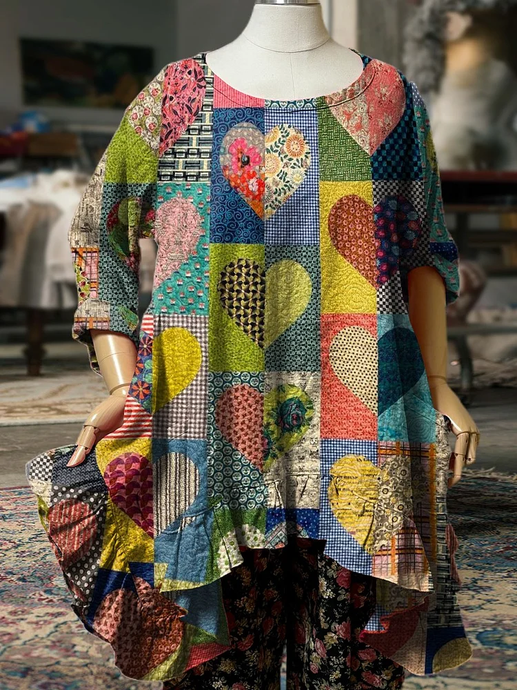 Women's Vintage Heart Patchwork Pattern Print Pocket Cotton Dress