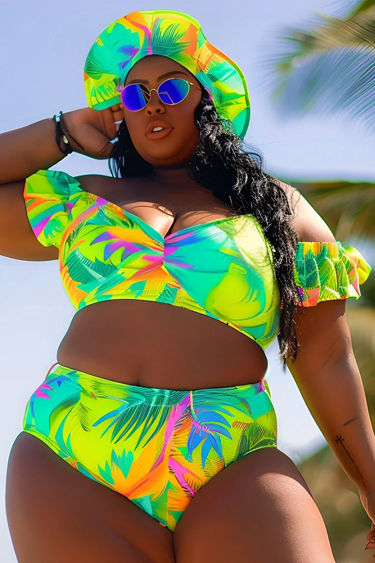 Xpluswear Design Plus Size Beach Fluorescent Neon Green Tropical Print Off The Shoulder Swimsuit Fabric Two Pieces Swimsuit [Pre-Order]