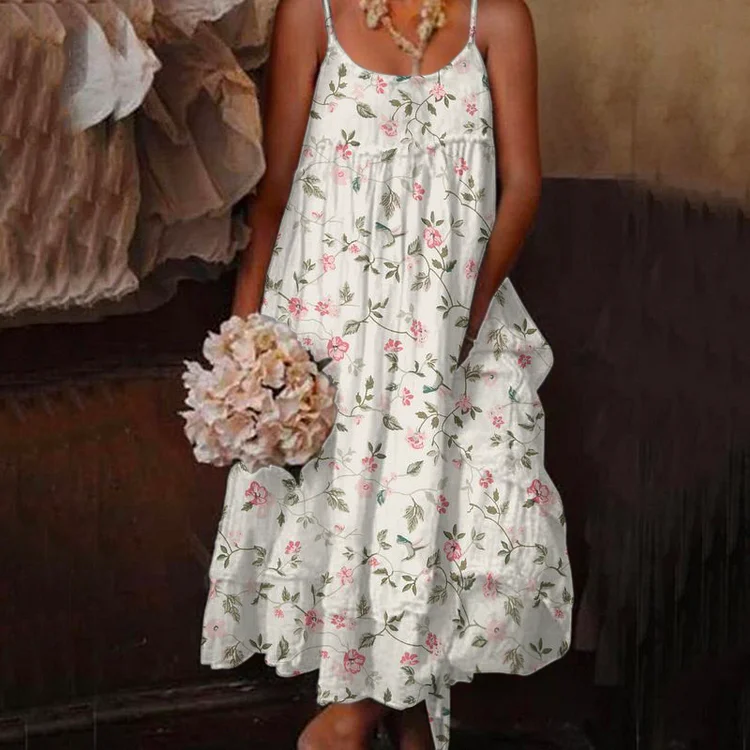 VChics Vintage Double Layered Floral Sleeveless Comfy Maxi Dress