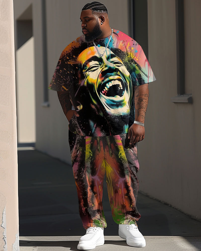 Men's Plus Size Street Fashion Graffiti Tribute Singer Printed T-Shirt Trousers Suit