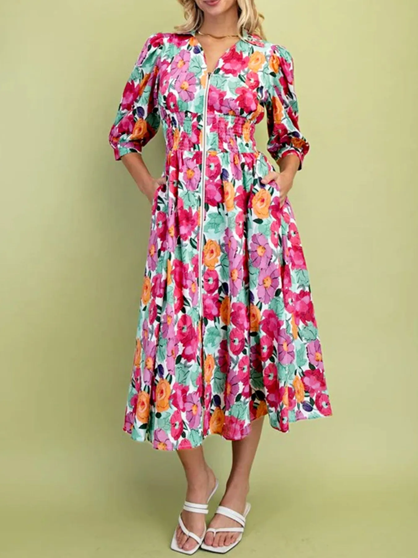 Vibrant Floral Print V Neck Zip Up Puffy Half Sleeve Dress mysite idetrend