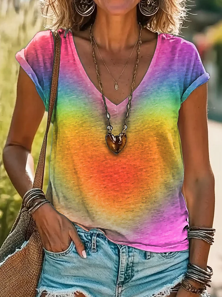 Women's Valentine's Day Love Heart Print 100%Cotton V-neck T-Shirt