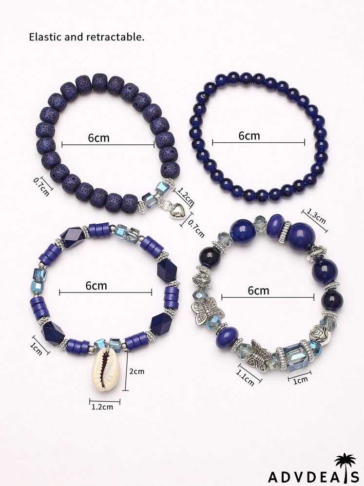 4pcs Shell & Heart Charm Beaded Bracelet