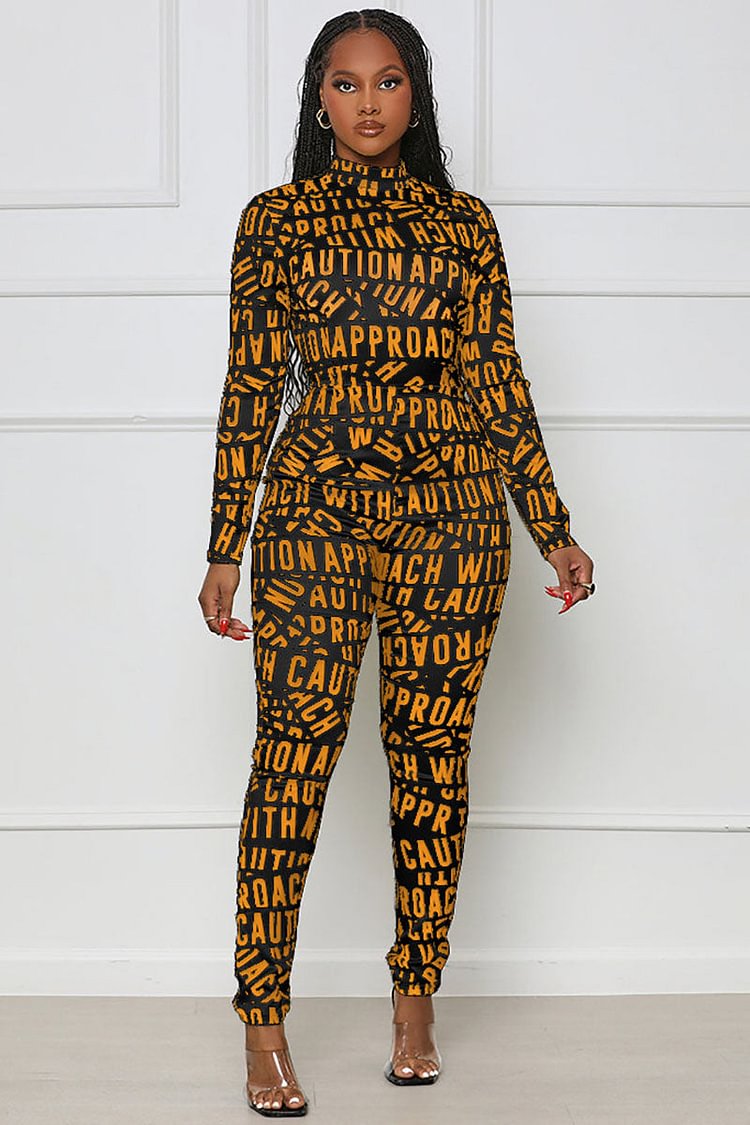 Tape Letter All Over Print Long Sleeve Skinny Jumpsuit