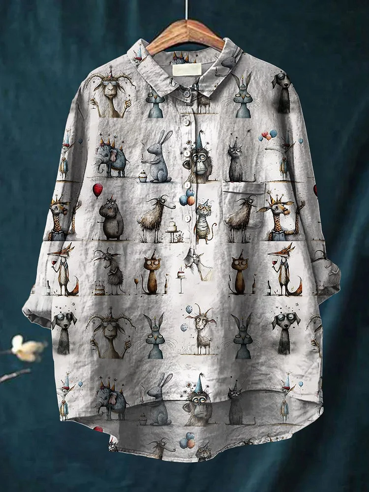 Women's  Animal Party Print Casual Cotton And Linen Shirt