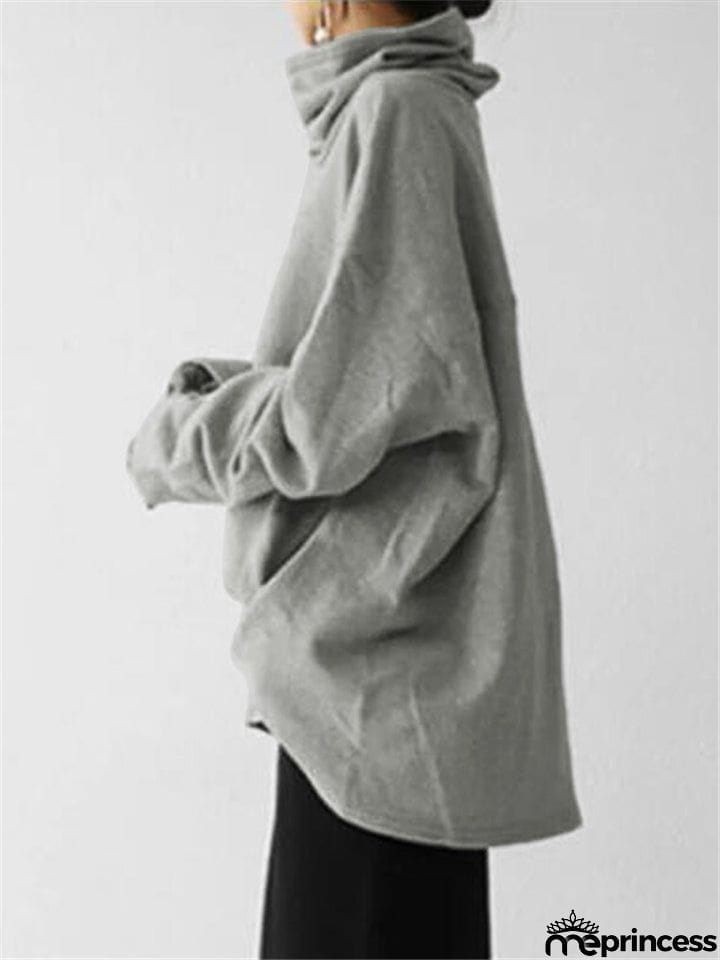 Loose Fit High Neck Long Sleeve Thicken Pullover Casual Sweatshirt