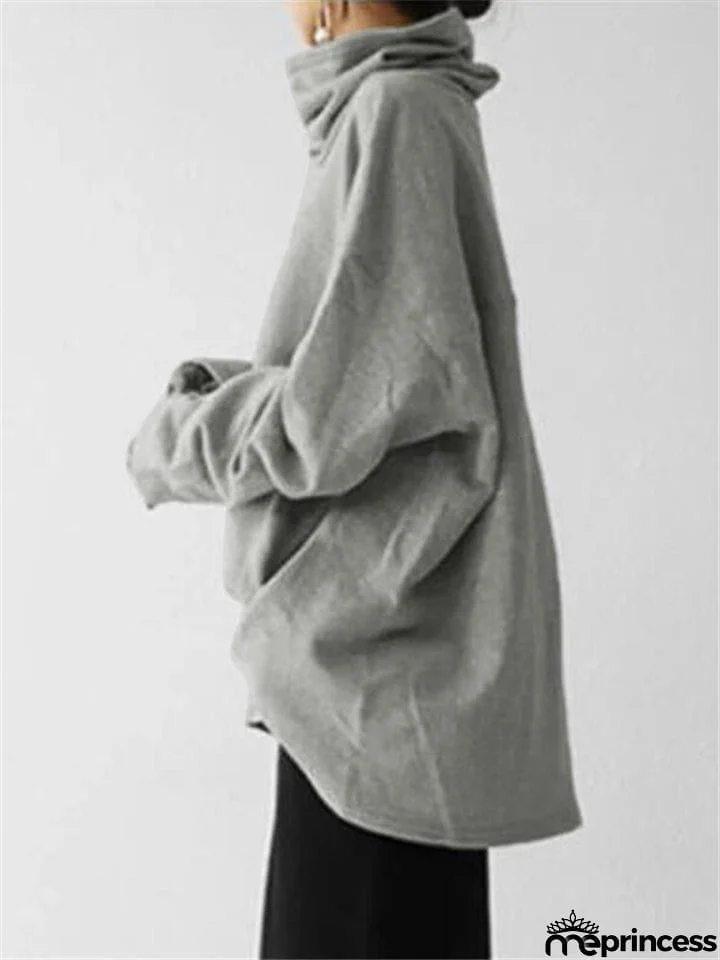 Loose Fit High Neck Long Sleeve Thicken Pullover Casual Sweatshirt