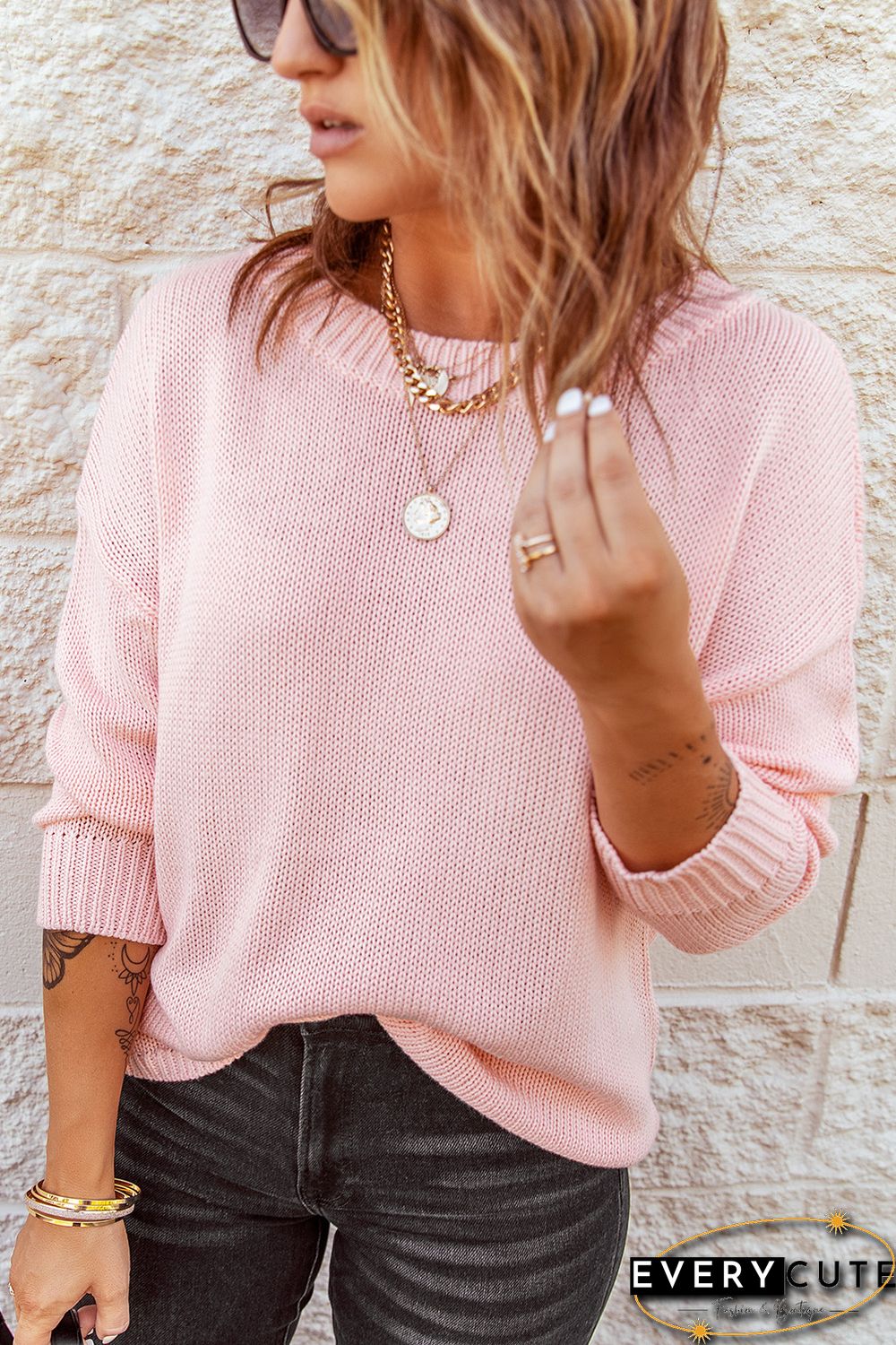 Pink Oversize Knitted Drop-shoulder Sleeve Sweater